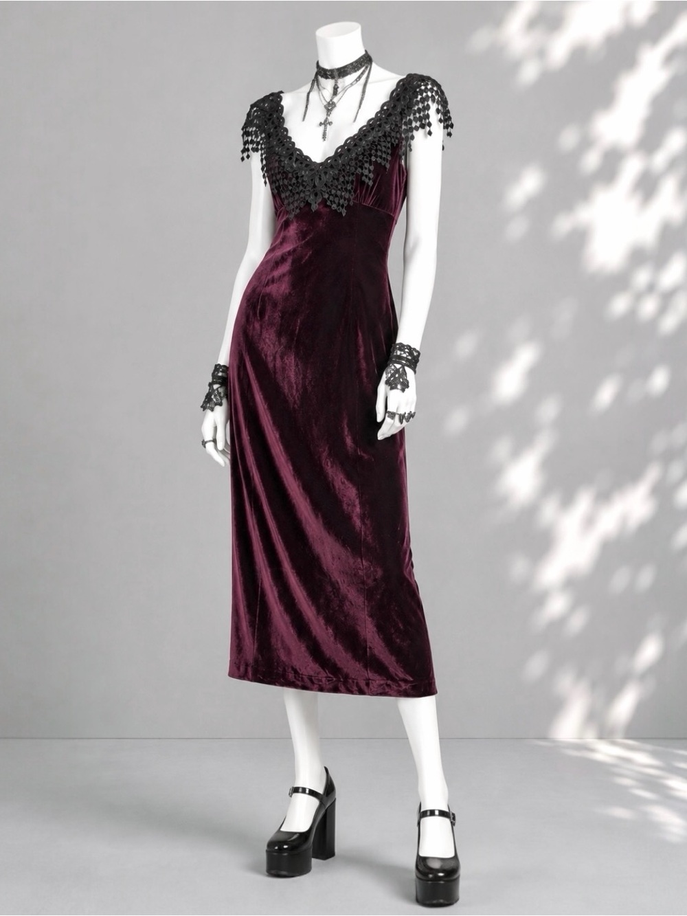 Vintage  Whimsigith Velvet Midi Dress Purple Lace Black Collar Carole Little 2